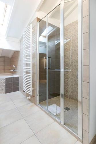 une salle de bain avec une douche en verre et un lavabo dans l'établissement Le familial de Charles III, à Nancy