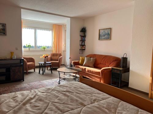 a living room with a couch and a table at Landhaus Pusteblume in Quedlinburg