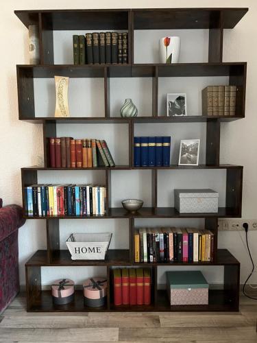 a book shelf filled with books in a living room at Landhaus Pusteblume in Quedlinburg