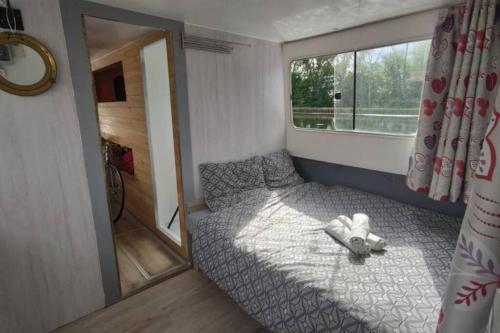 a small bedroom with a bed and a mirror at Libéllule péniche nuit insolite in Briennon