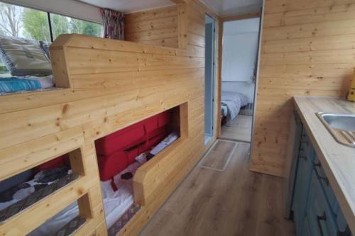 een tiny house met een open haard in een keuken bij Nuit insolite péniche bateau Libéllule in Briennon