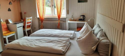two beds in a small room with a window at Hotel Sonnenhof in Cham