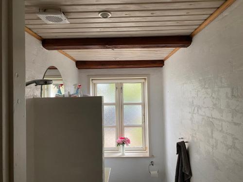 La salle de bains est pourvue d'un réfrigérateur et d'une fenêtre. dans l'établissement Nyd Naturen på Tåsinge, tæt på Svendborg, à Svendborg