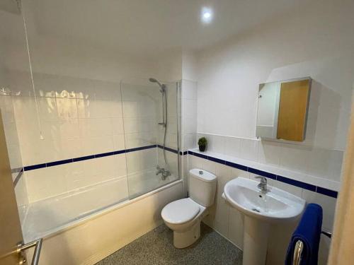 uma casa de banho com um WC, um lavatório e um chuveiro em Moda Wigan 2 - Stylish 2 Bed in Central Wigan em Wigan