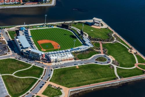 an aerial view of a baseball field next to the water at Dream Maker in Navarre