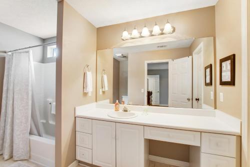 a bathroom with a sink and a large mirror at Spirit Island Home in Savannah