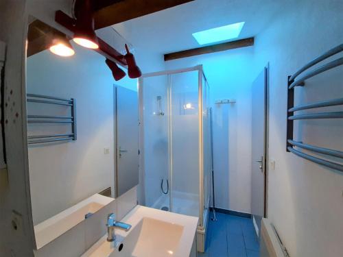 ein Bad mit einer Dusche, einem Waschbecken und einem Spiegel in der Unterkunft Maison Urrugne, 3 pièces, 4 personnes - FR-1-239-596 in Urrugne