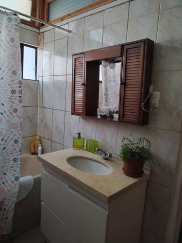 a bathroom with a sink and a mirror and a shower at Homestay Iquique in Iquique