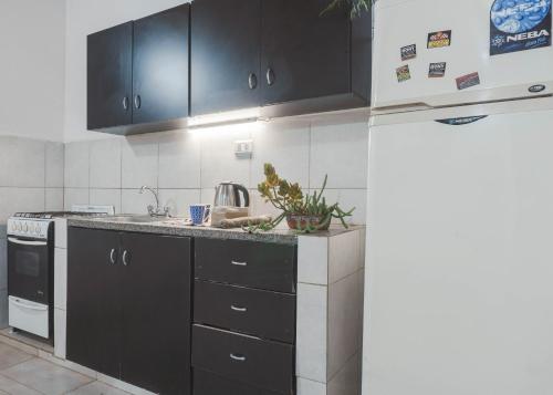 a kitchen with black cabinets and a white refrigerator at Complejo Yaguareté in Corrientes