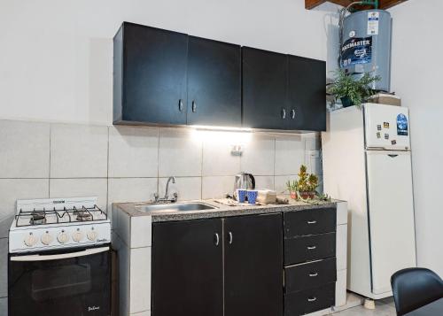 a kitchen with black cabinets and a sink and a refrigerator at Complejo Yaguareté in Corrientes