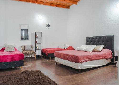 een slaapkamer met 2 bedden met rode dekens en een tapijt bij Complejo Yaguareté in Corrientes