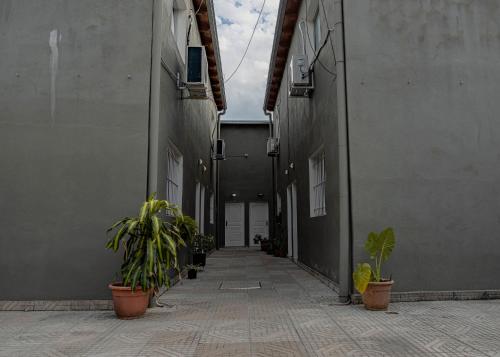 an alley with potted plants on the side of a building at Complejo Yaguareté in Corrientes