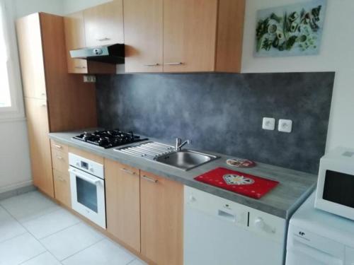 Kuchyňa alebo kuchynka v ubytovaní **Appartement T3 Centre-Ville La Roche-Posay avec Piscine, Terrasse et Wi-Fi** - FR-1-541-74
