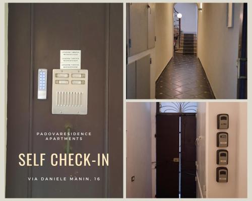 un collage de tres fotos de una puerta de entrada automática en PadovaResidence Apartments - tra Piazza delle Erbe e il Duomo, en Padua