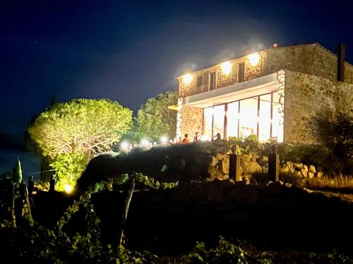 a building with lights on top of it at night at VALDONICA WINERY Fine Dine & Wine Hotel in Sassofortino
