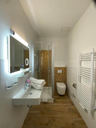 a bathroom with a sink and a toilet at Hotel Elefant in Schwerin