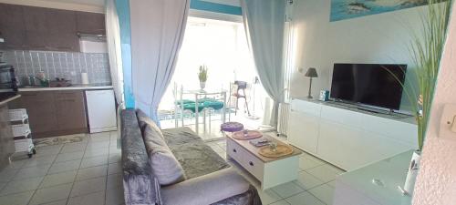 a living room with a couch and a tv and a kitchen at ISIS 2 Joli duplex avec loggia proche plage et port in Saint-Cyprien