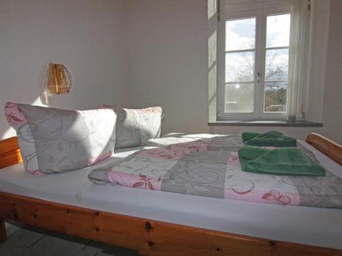 a bed with a blanket and pillows and a window at Ferienwohnung im Gutshaus Schulenbrook in Metelsdorf