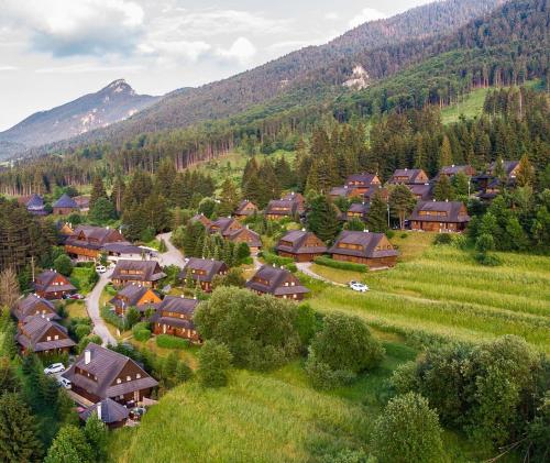 an aerial view of a village in the mountains at Resort Drevenice Terchova in Terchová
