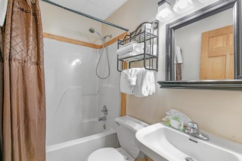 a bathroom with a sink and a toilet and a mirror at Wildwood in Pigeon Forge