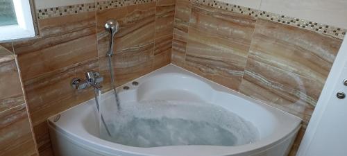 a bath tub with a shower in a bathroom at SOBE KOD TETA MILKE in Veliko Gradište