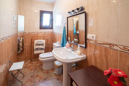 bagno con lavandino, servizi igienici e specchio di Cortijo La Cañada by Solset a Torrox