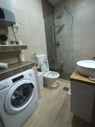 a bathroom with a washing machine and a toilet at Guesthouse BiT Accommodation in Kotor