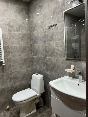 łazienka z toaletą i umywalką w obiekcie Villa Deluxe Premium Apartment 308 w mieście Bakuriani