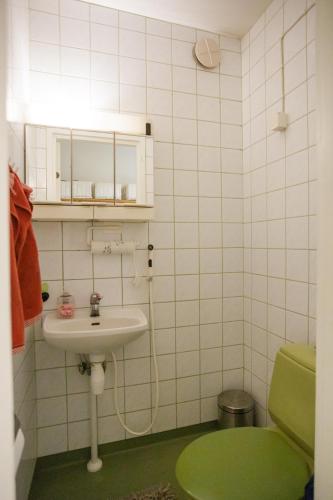 a bathroom with a sink and a green toilet at -Hannula- Ilmastoitu persoonallinen ja rauhallinen kaksio kahdella autopaikalla kauppojen vieressä in Kuopio