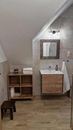 a bathroom with a sink and a mirror at Apartamenty U Pana Jana in Wetlina