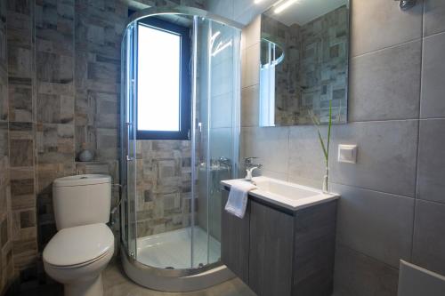 a bathroom with a toilet and a sink and a shower at Amelie's Luxe Apartments in Lefkada Town