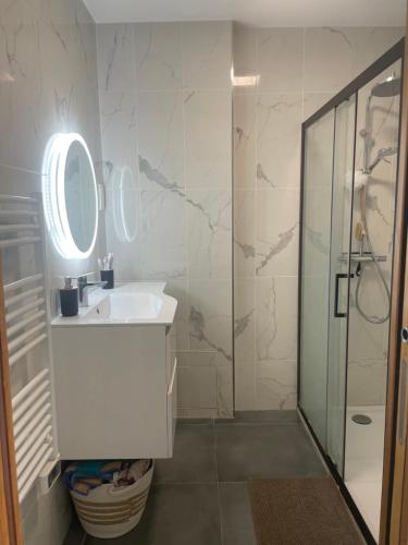 une salle de bain avec un lavabo et une douche dans l'établissement Le Cocon Château de chantilly Roissy Parc asterix JO 2024, à Coye-la-Forêt