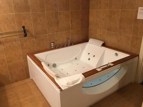 a bathroom with a bath tub with a toilet at Hotel Don Carlo in Broni