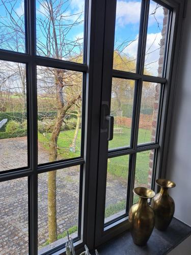 two vases sitting on a window sill looking out at a tree at Domein Den Buiten Bed And Breakfast DnD in Sint-Niklaas