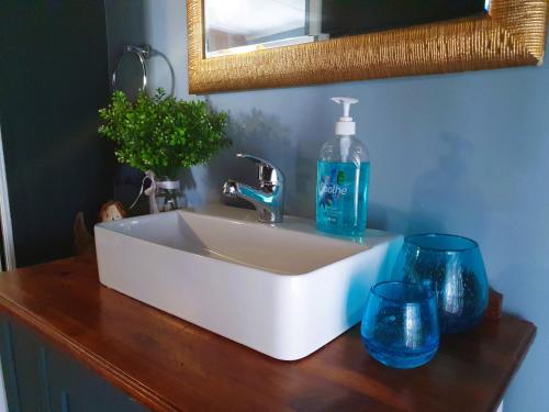 a bathroom sink with a bottle of soap and two glasses at Rest on 29 Rus in Oudtshoorn