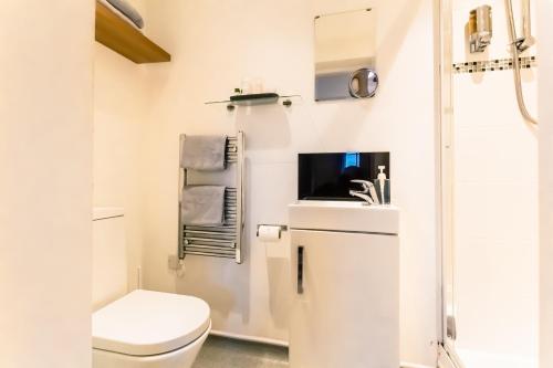 a bathroom with a toilet and a tv in it at Domus House Studio Apartments Chester city centre by Rework Accommodation in Chester