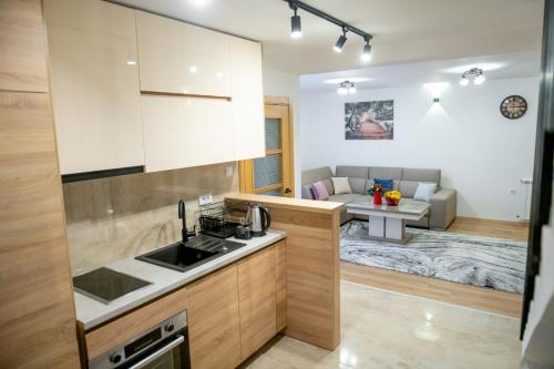 a kitchen and living room with a couch at Golden House in Kolašin