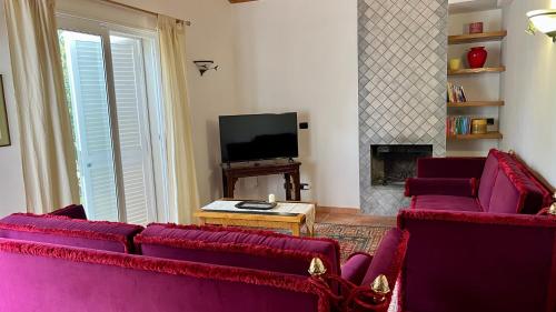 un salon avec des canapés violets et une télévision dans l'établissement Villette Aldobrandeschi Urban Oasis Vacation Homes, à Rome