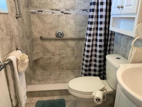 a bathroom with a toilet and a shower at Beach Blessed - Sea View at Symphony Beach Club in Ormond Beach