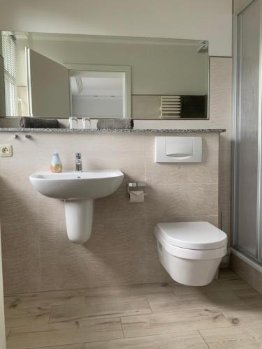 uma casa de banho com um lavatório, um WC e um espelho. em Pension Villa Transvaal em Ahlbeck