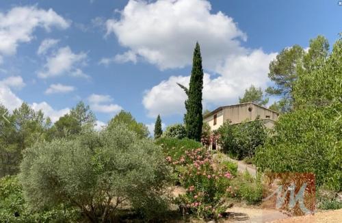 einen Garten mit Bäumen und ein Haus im Hintergrund in der Unterkunft Une chambre en Provence in Correns