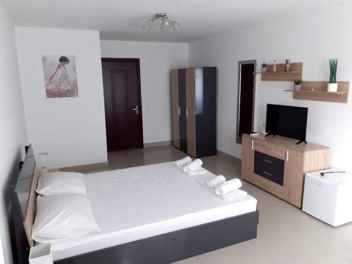 um quarto com uma cama e uma televisão de ecrã plano em Апартамент Quattro em Dobrich