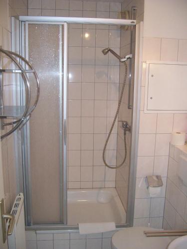 a bathroom with a shower with a glass door at Parkresidenz Sanssouci in Zinnowitz