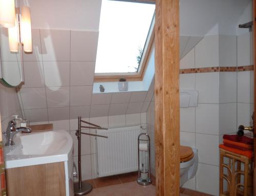 a bathroom with a sink and a toilet at Ferienwohnung am Papensee in Hohen Sprenz