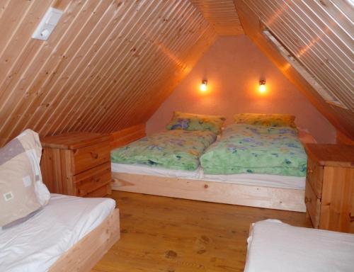 a bedroom with two beds in a attic at Ferienwohnung am Papensee in Hohen Sprenz