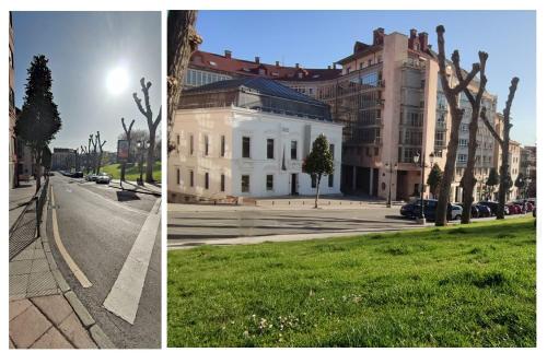 duas fotos de um edifício e uma rua com relva em El Balcón del Campillín em Oviedo
