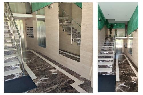 two pictures of a staircase in a building at El Balcón del Campillín in Oviedo