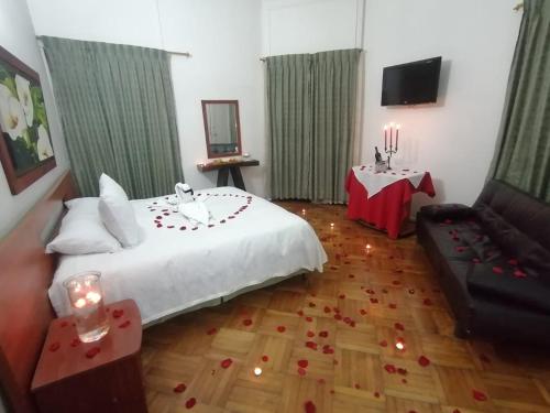a bedroom with a bed and a couch and a television at Hotel Bella Montaña in Manizales