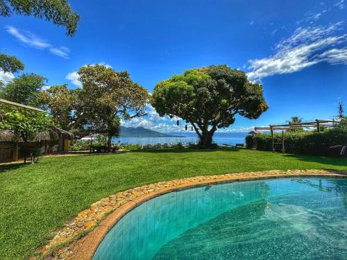 a swimming pool in a yard with a tree at Casas D'Água Doce - Casa Luz in Ilhabela