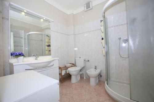 La salle de bains est pourvue d'un lavabo, de toilettes et d'une douche. dans l'établissement Dimora Puccini, à Lucques